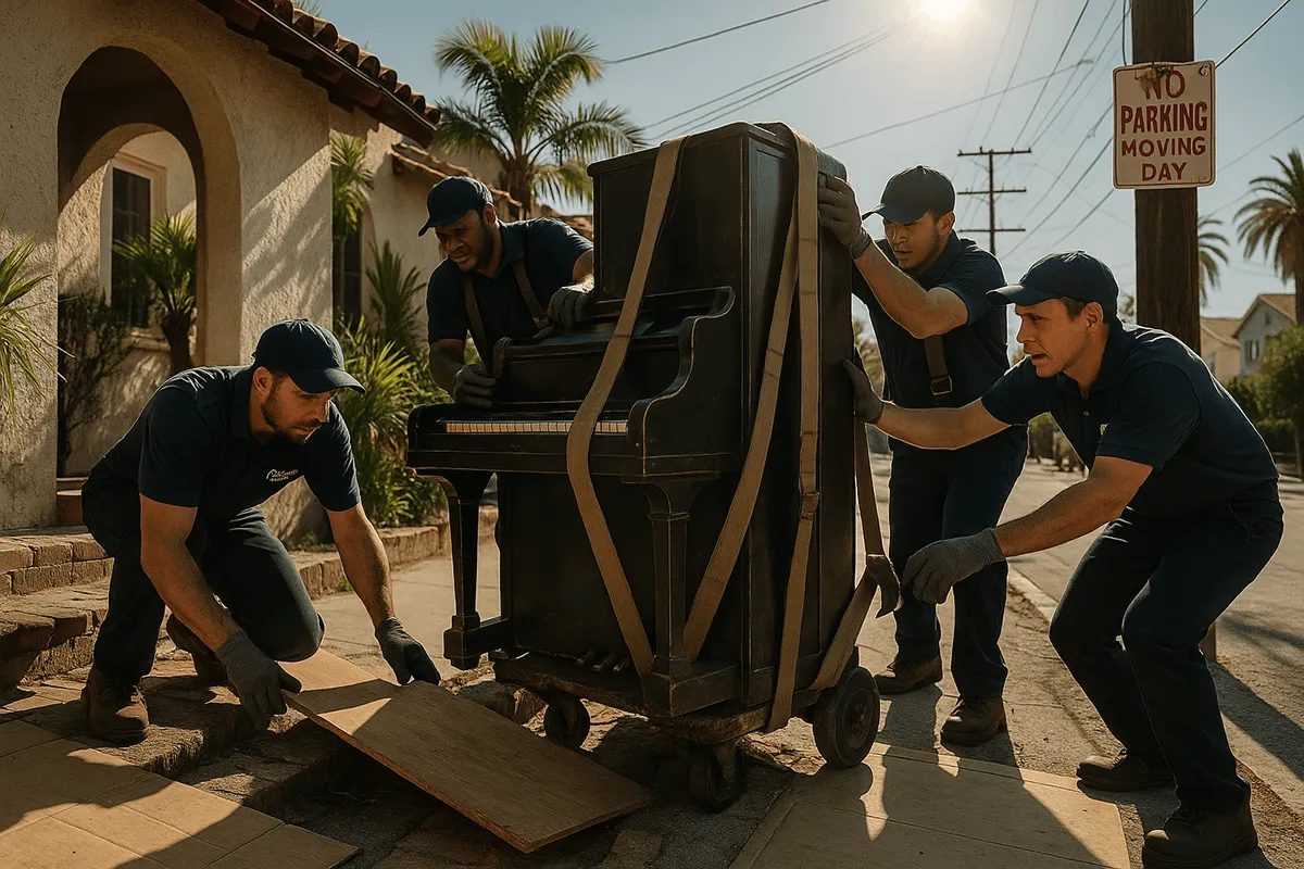 Professional Coleman Piano Movers team carefully relocating a piano through a narrow San Diego street