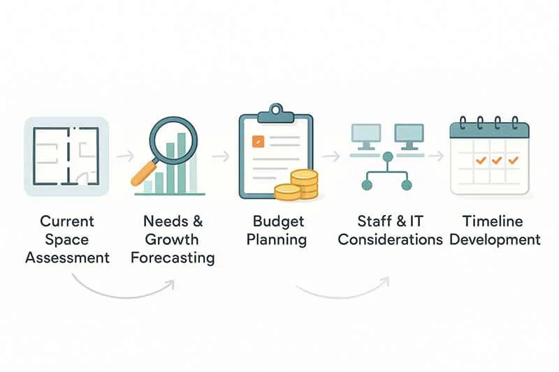  Minimalist infographic showing five phases of office relocation: space assessment, needs forecasting, budget planning, staff and IT considerations, and timeline development. Each is illustrated with clear vector icons, modern headings, and connected by curved arrows on a white, spacious background.