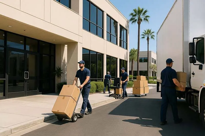 Professional movers transporting office equipment into a modern building in Rancho Santa Fe with a moving truck parked nearby under clear skies.