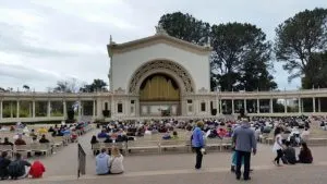 Spreckels Organ Pavilion Balboa Park San Diego Spreckels Organ Pavilion in Balboa Park featuring historic outdoor pipe organ and amphitheater seating with San Diego skyline view