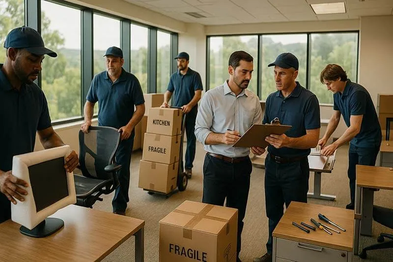 Full-service office moving team packing and setting up a new commercial space in San Diego