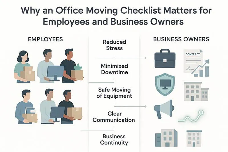 Infographic with employee and business owner icons illustrating office moving checklist benefits: reduced stress, minimized downtime, safe equipment moving, clear communication, and business continuity. Features clean vector graphics, step-by-step layout, modern iconography, and a minimalist white and neutral color scheme.
