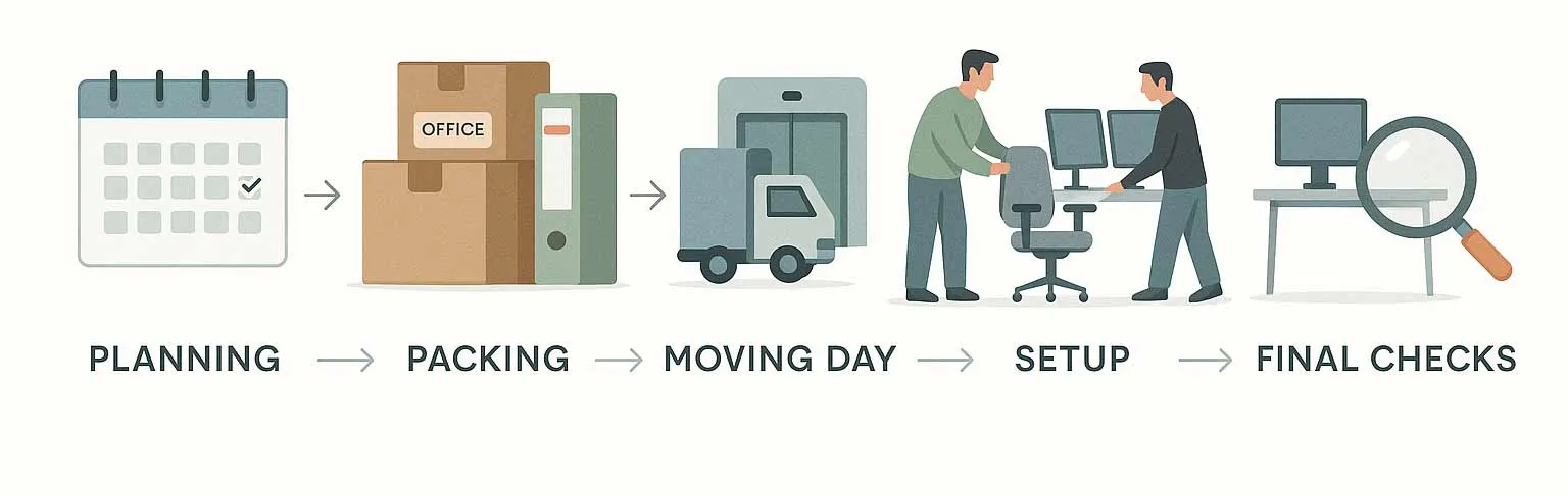 Infographic showing five stages of organizing an office move: Planning, Packing, Moving Day, Setup, and Final Checks. Each stage features clear vector icons and connecting arrows, using soft blues, greens, and gray for a professional, accessible timeline layout.