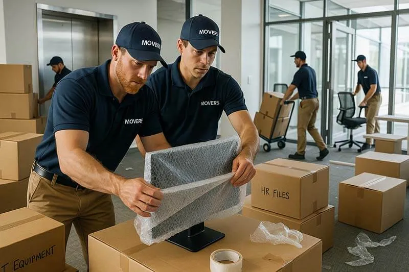 Detail-oriented movers packing modern office equipment and furniture for a safe business move