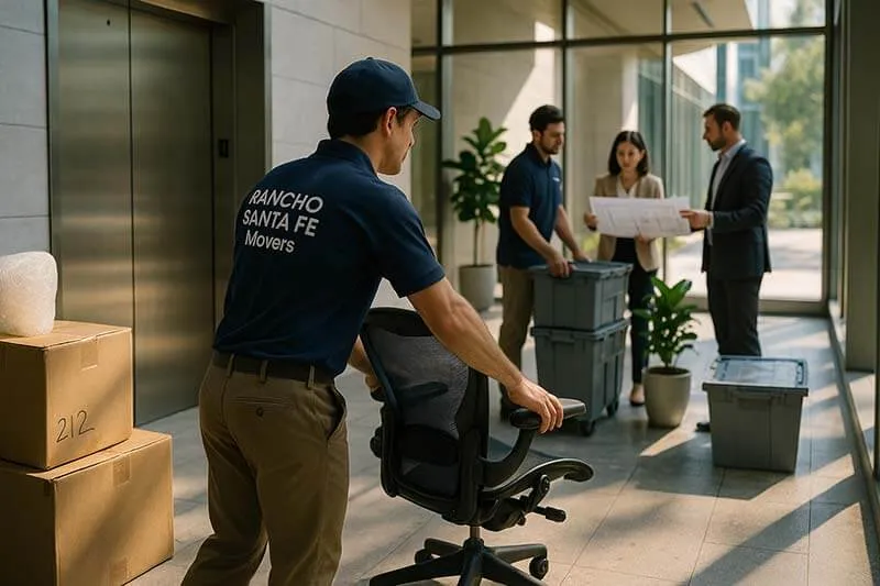 Experienced commercial movers coordinating an office relocation in a Rancho Santa Fe business lobby