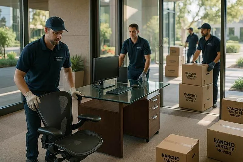 Team of professional movers in Rancho Santa Fe transporting high-end office equipment