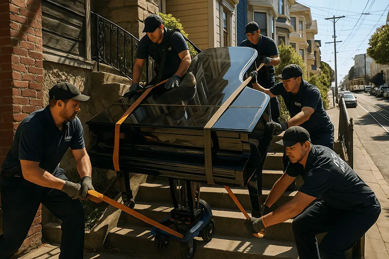 Professional piano moving equipment including heavy-duty dollies, padded moving blankets, and securing straps for safe instrument transport